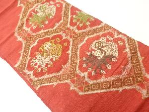 手織り紬格子に抽象鳥模様織出し名古屋帯